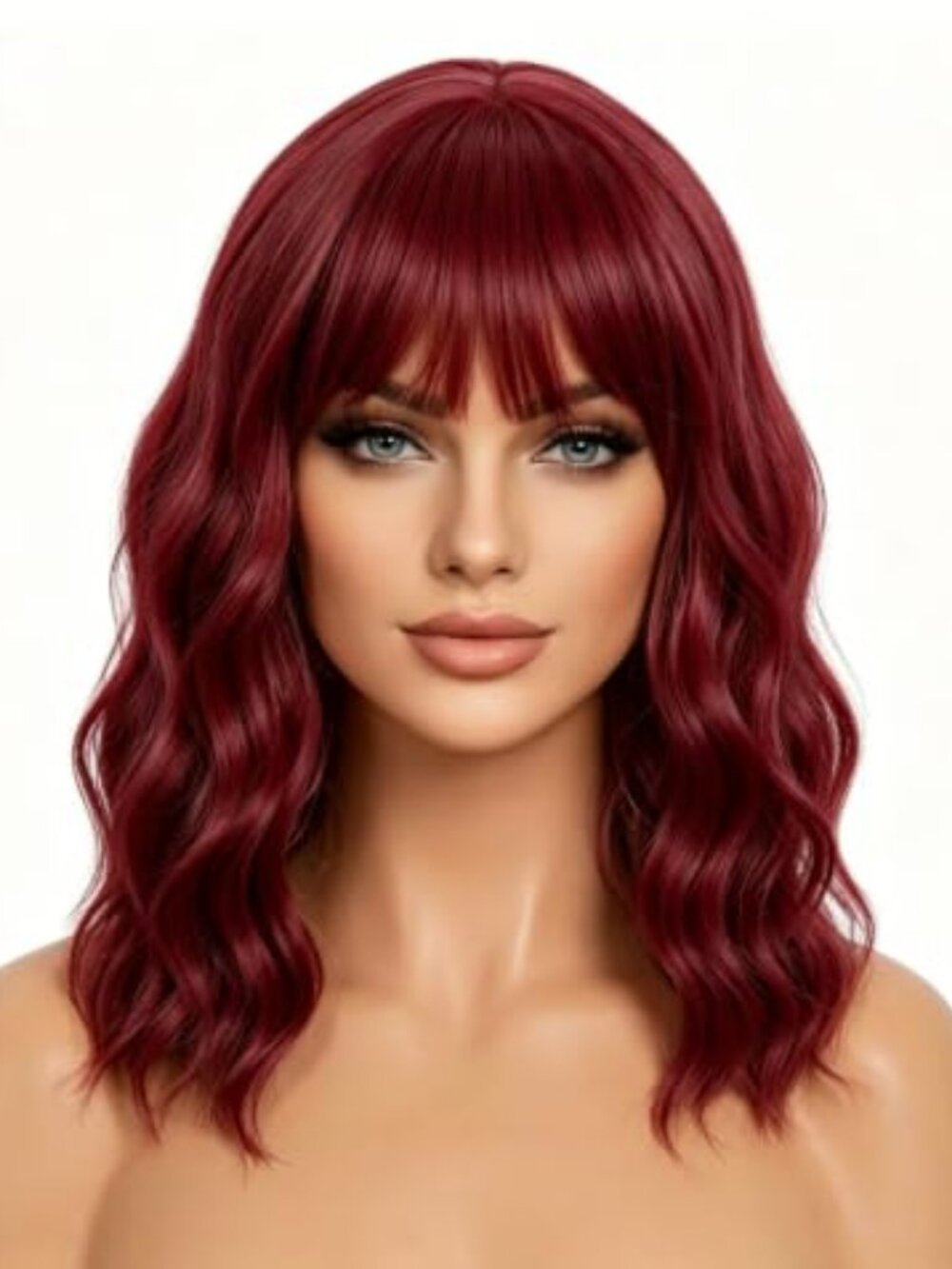 Wine Red Bob Wig with Bangs Short Wavy Wigs for Women Bob Style Synthetic Heat